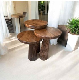 Resim Ceviz Renk Masif Ahşap Mantar Sehpa 3 Lü Zigon Fiskos Takımı Doğal Tasarım - Wooden Coffee Table Naturel 