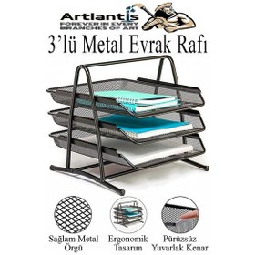 Resim Renkli Metal Evrak Rafı 3 Lü 1 Paket Masa Üstü A4 Dosya Düzenleyici Kağıt Tepsisi Metal Fileli Üç Katlı Hareketli Perfore Siyah 