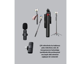 Resim DS LLC Ieg ™ Vlog ve Canlı Yayın Için Çift Yaka Mikrofonu ve Tripodlu Selfie Çubuğu Seti Dsllcrs-I 