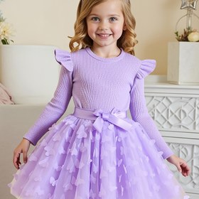 Resim Genç Kız Çocuk Sonbahar ve Kış Sevimli Uzun Kollu Elbise Kelebek File Dekorasyonlu, Dans Partileri, Günlük Geziler ve Doğum Günü Kıyafetleri için Şirin Moda Prenses Elbisesi | Hediye 