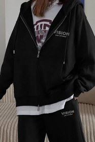 Resim Kadın Oversize Eşofman Takımı Vision Baskılı Siyah - Kapüşonlu Fermuarlı, Bağcıklı Bel, Boru paça - XL / SİYAH 