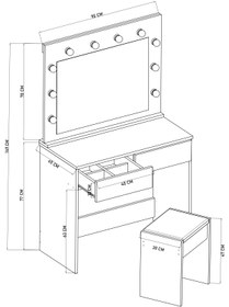 Resim dekor fim DF02103B LED Işıklı Aynalı Organizer Makyaj Masası Tabureli, Bölmeli Çekmeceli Kozmetik Masası 
