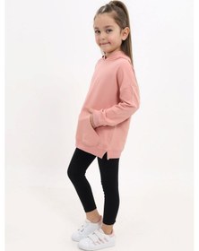 Resim Toontoy Kids Toontoy Kız Çocuk 2'li Takım Baskılı Kapüşonlu Düşük Omuz Cepli Yırtmaçlı Sweatshirt & Basic Düz Tayt Mercan 