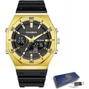 Resim Hanyang Altın Siyah Lıge Erkekler Için Yeni Çift Ekran Saatler Rahat Spor Chronograph Kuvars Büyük Arama Kol Saati Silikon Su Geçirmez Dijital Saat (Yurt Dışından) 