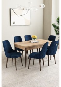 Resim Mabel Meşe Desen 80x132 Açılabilir Yemek Odası Takımı 6 Adet Sandalye Lacivert 
