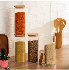 Resim Porsima 4396 4lü Kare 2000 Ml Bambu Vakumlu Kapaklı Cam Kavanoz Seti Saklama Kabı 10x25cm Şeffaf 