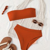 Resim Kadınların Seksi Straplez Bikini Seti - Yüksek Esneklikli Kumaş, Düz Renk Turuncu ve Beyaz, Çıkarılabilir Dolgulu, 3D Dokulu Tasarım, Banyo Takımı, Şişeler ve Duş Kapları Dahil, Plaj veya Havuz Kenarı İçin Mükemmel 
