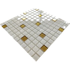 Resim MozaiKristaL Mutfak Tezgah Arası, Havuz, Banyo, Sauna, Spa, ve Yaşam Alanlarının Tüm Yüzeyleri İçin. 23X23MM Beyaz-Altın Sim Karışım 30X30CM. Fileli Kristal Cam Mozaik. 