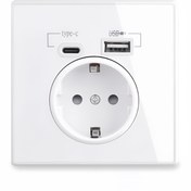 Resim AB ve İngiltere standart beyaz akrilik panel priz, 250V USB+Type-C arayüzü ile beyaz ev panosu. USB+Type-C portları çalıştığında mavi ışık yayar. Yatak odaları, çalışma odaları, oturma odaları, ofisler vb. için uygundur 