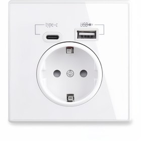 Resim AB ve İngiltere standart beyaz akrilik panel priz, 250V USB+Type-C arayüzü ile beyaz ev panosu. USB+Type-C portları çalıştığında mavi ışık yayar. Yatak odaları, çalışma odaları, oturma odaları, ofisler vb. için uygundur 