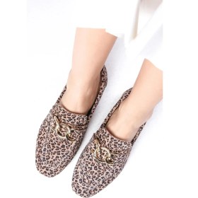 Resim Mio Gusto Myrcella Süet Bej Renk Leopar Desenli Zincir Aksesuarlı Küt Burunlu Kadın Loafer Ayakkabı 