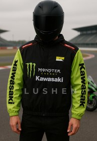 Resim Lushen Yeşil Siyah Motorcu Yağmurluk Rüzgarlık İnce Ceket 