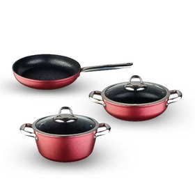 Resim Leggno Master Daily Metalik Kırmızı 5 Parça Tencere Set (22Cm Derin Tencere + 26Cm Sığ Tencere + 26Cm Tava) 