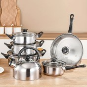 Resim Hem dayanıklı hem de kolayca temizlenebilir 6 parçalık hafif paslanmaz çelik çok fonksiyonlu mutfak seti, non-stick bir tavaya, bir pişirme tenceresine, bir süt tenceresine, bir tavaya ve bir kettle'a sahiptir ve hem restoran hem de ev mutfakları için uygundur. 