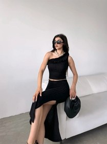 Resim Tane Tasarım Tek Kollu Bluz Etek Siyah Siyah 