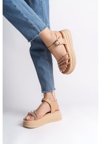 Resim Eva Kalın Tokalı Taşlı Şeritli Ortopedik Taban Kadın Sandalet Ctt - Ten Çok Renkli 