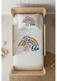 Resim %100 Pamuk Saten İsme Özel İsimli 100x200 Tek Kişilik Lastikli Çarşaf Seti Minnie Ve Gökkuşağı Beyaz 