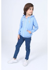 Resim Toontoy Kids Toontoy Erkek Çocuk Kapüşonlu Fermuarlı Cepli Düşük Omuz Baskılı Örme Hırka - 3 İplik Şardonsuz Mavi 