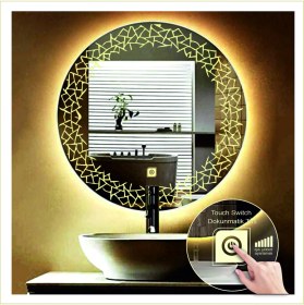 Resim Dnr-Mirror90 Cm Günışığı Ledli Tasarım Kumlamalı Dokunmatik Tuşlu Banyo Aynası Makyaj Aynası Işıklı Ayna 