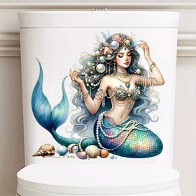 Resim 1 adet Deniz Kızı Tuvalet Sticker, Duvar Dekorasyon Sticker, Banyo Dekorasyon Sticker, Suya Dayanıklı Çıkarılabilir Sticker, Tuvalet Kapağı Sticker, Tuvalet Kapağı Fayans Sticker, Tuvalet Dekorasyon Sökülebilir Fayans Sticker 