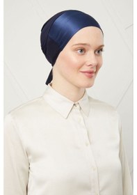 Resim Melodi Scarf Kadın Tesettür Bağlamalı Saten Bone Lacivert Lacivert 