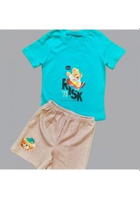 Resim 1-2-3 Yaş Kaykaycı Ayı Baskılı Şortlu Kısa Kollu Tişört 2li Erkek Bebek Takımı Turkuaz Turkuaz 