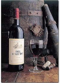 Resim Ahşap Tablo Fıçı Şarap Şişesi ve Dolu Kadeh 