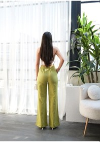 Resim Beli Lasti Kli Ve Bağcikli Keten Pantolon Yağ Yeşili 