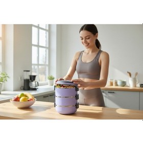 Resim 3 Katlı Vakumlu Yemek Termosu 3lü Sefer Tası Freshbox Serisi Mor Renk Mor 