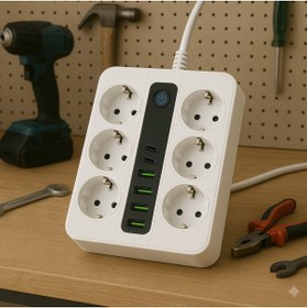 Resim SMAYLİNG 6 Prizli Akıllı Uzatma Kablosu – 4 USB-A + 2 Type-C Hızlı Şarj Çıkışlı Akım Korumalı , 2 Metre Kablo 