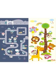 Resim Delt Yol Desenli-hayvanlı Çift Taraflı Katlanabilir Oyun Matı Oyun Halısı 150x200x1 Cm Çantalı 