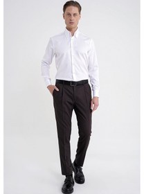 Resim Slim Fit Düğmeli Yüksek Yaka %100 Pamuk Saten Düz Beyaz Gömlek Gk 760 