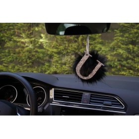 Resim Swarovski Gümüş Taşlı Dikiz Ayna Kolye Süsü Siyah Tüylü U Harfi 