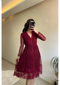 Resim Neşeli Butik Kadın Kruvaze Yaka Dantelli Tül Elbise Nm010 Bordo 