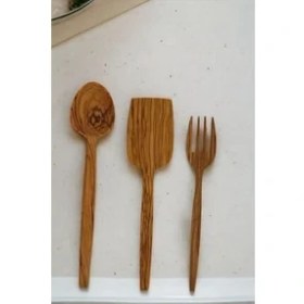 Resim Tahta Kaşık Yemek Kaşığı Ahşap Kaşık 3'lü Set Zeytin Ağacı Mutfak Gereçleri El Yapımı Servis Seti 