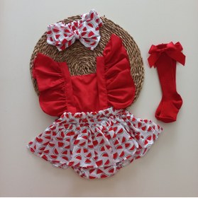 Resim MARS BABY Kız Bebek Karpuz Desenli Salopet Bandana Kırmızı Fiyonk Çorap Takım 