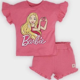 Resim DeFacto Kız Bebek Barbie 2'li Takım Kısa Kollu Tişört Beli Lastikli Şort E9128A525SMPN280 Pembe 