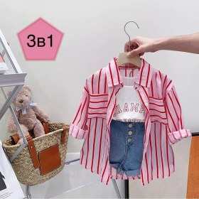 Resim Begimai Üçlü Takım Kot Şort Ve Gömlek 228274981 Pembe 