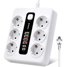 Resim Hobimtek H-04 Akıllı Priz 3000W 10 Amper 6 Lı Priz 2 Metre Çoklu Priz 4 USB 2 Type C Pd Girişli Hızlı Şarj Istasyonu 