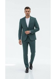 Resim Erkek Slim Fit Mikro Dokulu Takım Elbise Çift Düğmeli Modern Kesim Petrol 