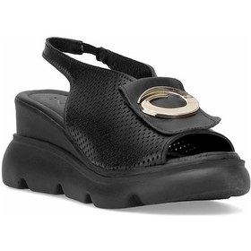 Resim Elit Zeyn 8067 Kadın Hakiki Deri Dolgu Topuk Sandalet Siyah Siyah 