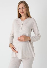 Resim Çiçek Desenli Penye Sabahlıklı 3'lü Hamile Lohusa Pijama Takımı - 3452 - Antrasit / M / Terlik ve Taç Seti İstemiyorum 