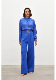 Resim Sateen Bel Aksesuarlı Bol Paça Pantolon - Sax Mavi-134774 Saks Mavisi 