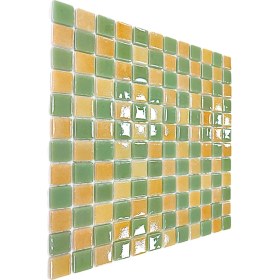 Resim Mutfak Tezgah Arası, Havuz, Banyo, Sauna, Spa, Iç ve Dış Dekorasyonda Tüm Yüzeyler Için, 25X25MM. M.yeşili-Püskürtme Sarı Damalı, 31.5X31.5CM. Fileli Cam Mozaik. (10 File Karo = 1 M2 Fiyatıdır ) 