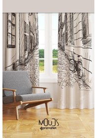 Resim Sokak Eskiz Desenli Süet Oturma Odası Salon Fon Perde Baskılı Ekstrafor Büzgü 2 Kanat Prd-1046 Çok Renkli 