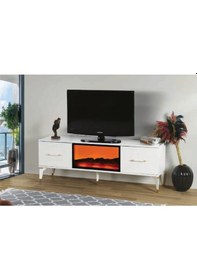 Resim Bera Beyaz - Gold Çam Şömineli İnci Tv Sehpası Beyaz - Gold 