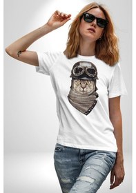 Resim Kasket Bandana Motorcu Kedi Unisex Unisex Beyaz Organik Baskılı T-shirt Penye Yüksek Kalite Beyaz 