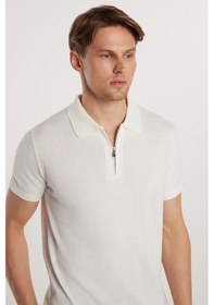 Resim Tudors Erkek Slim Fit Dar Kesim Pamuklu Örme Triko Fermuarlı Beyaz Polo Yaka Tişört-33177 Beyaz 