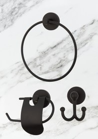 Resim UG Home Paslanmaz Siyah Halka Havluluk / Dar Kapaklı Peçetelik / Çatal Bornoz Askısı Banyo Seti 