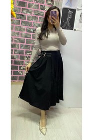 Resim EGELİMODA Siyah Kemerli Midi Boy Kloş Etek 